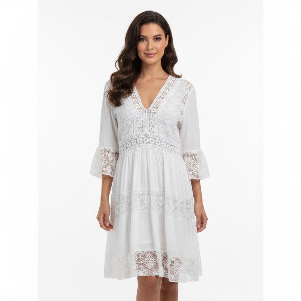 White Crochet Lace Tunic Midi Dress Large Boho V Neck Coastal Beach Quiet Luxury